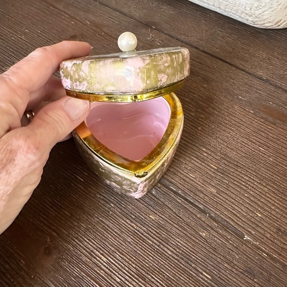 Handcrafted hand painted artisan ceramic pink gold jewelry trinket box